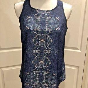 sleeveless open back blue geometric  blouse